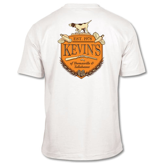 White short-sleeve cotton t-shirt featuring a Kevin's Crest hunting-themed graphic on the back.
