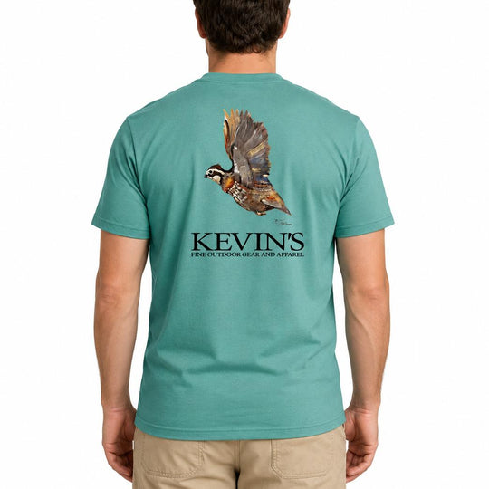 Teal Comfort Colors cotton t-shirt featuring Dirk Walker flying quail artwork and Kevin's logo on the back.