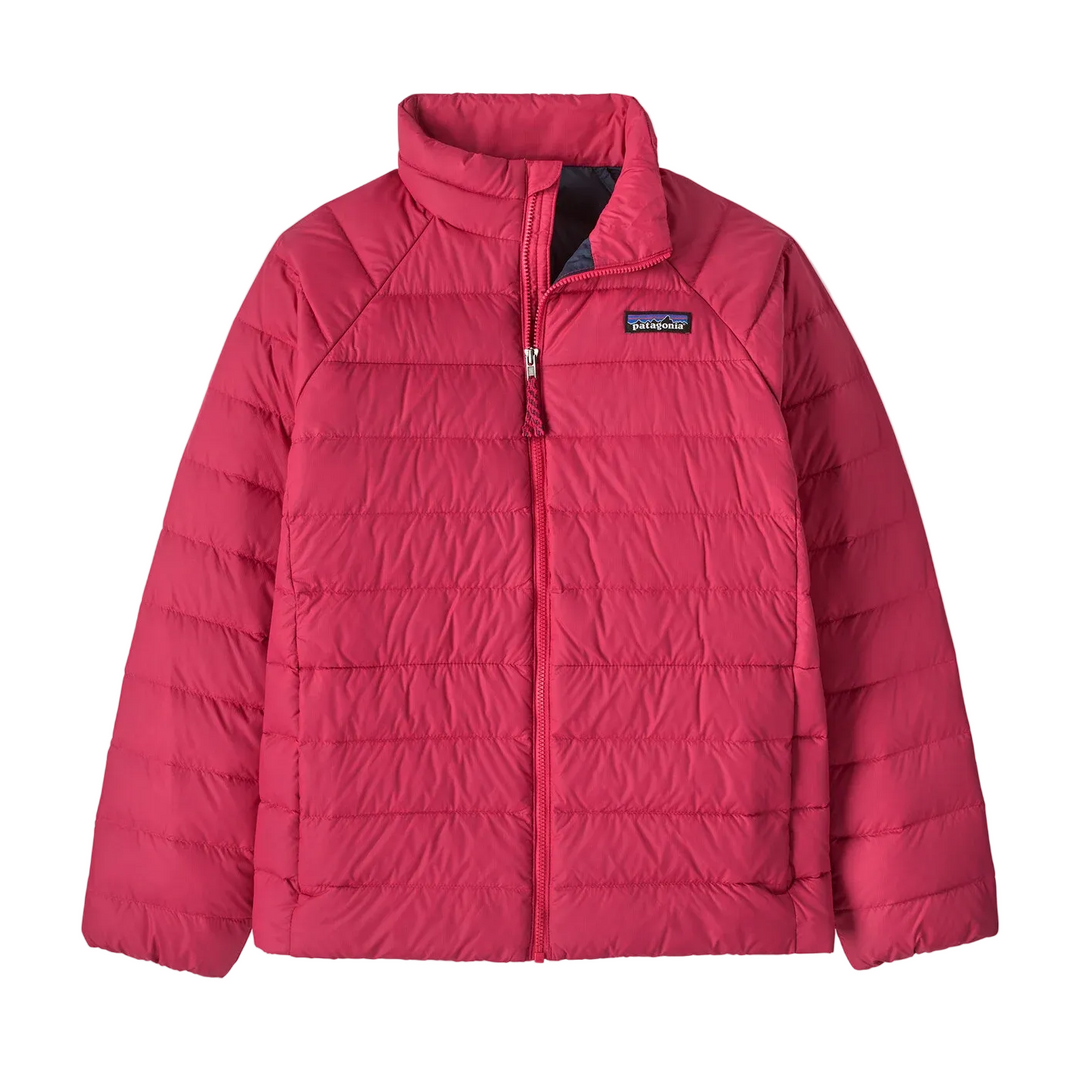 Bright pink Patagonia kids' down sweater with a quilted recycled nylon shell and full-zip front closure.