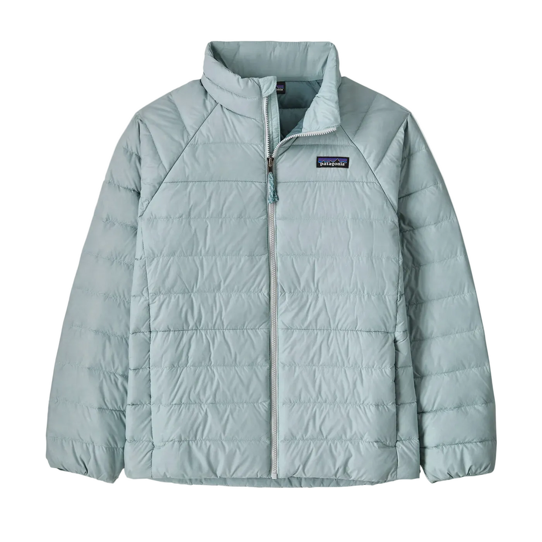 Light blue Patagonia Kids' Down Sweater with a quilted ripstop shell, full-zip front, and logo patch on the chest.