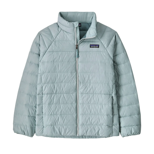 Light blue Patagonia Kids' Down Sweater with a quilted ripstop shell, full-zip front, and logo patch on the chest.