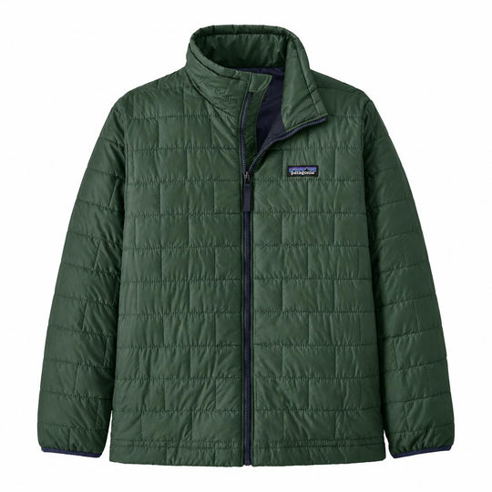 Dark green Patagonia kids' Nano Puff jacket with brick quilting, full-zip front, and recycled nylon ripstop fabric.