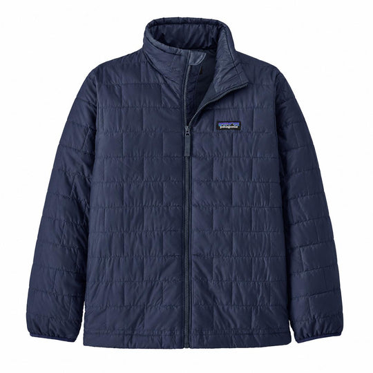 Navy blue Patagonia kids' Nano Puff jacket with a brick-quilted pattern, full-zip front, and stand-up collar.