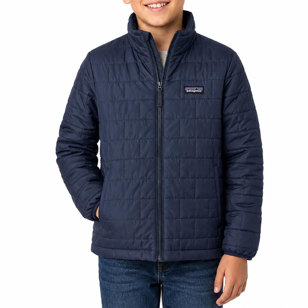 Navy blue Patagonia Nano Puff brick-quilted jacket for kids with a full-zip front and chest logo patch.