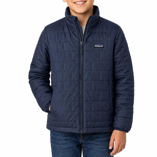 Navy blue Patagonia Nano Puff brick-quilted jacket for kids with a full-zip front and chest logo patch.