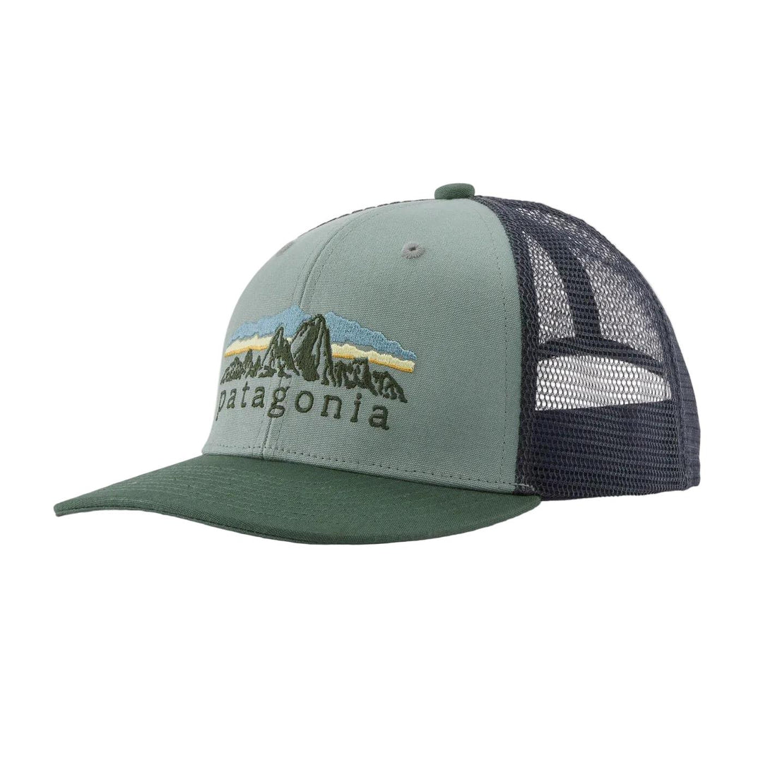 Sage green and dark grey Patagonia kids trucker cap with mountain graphic and breathable mesh back.