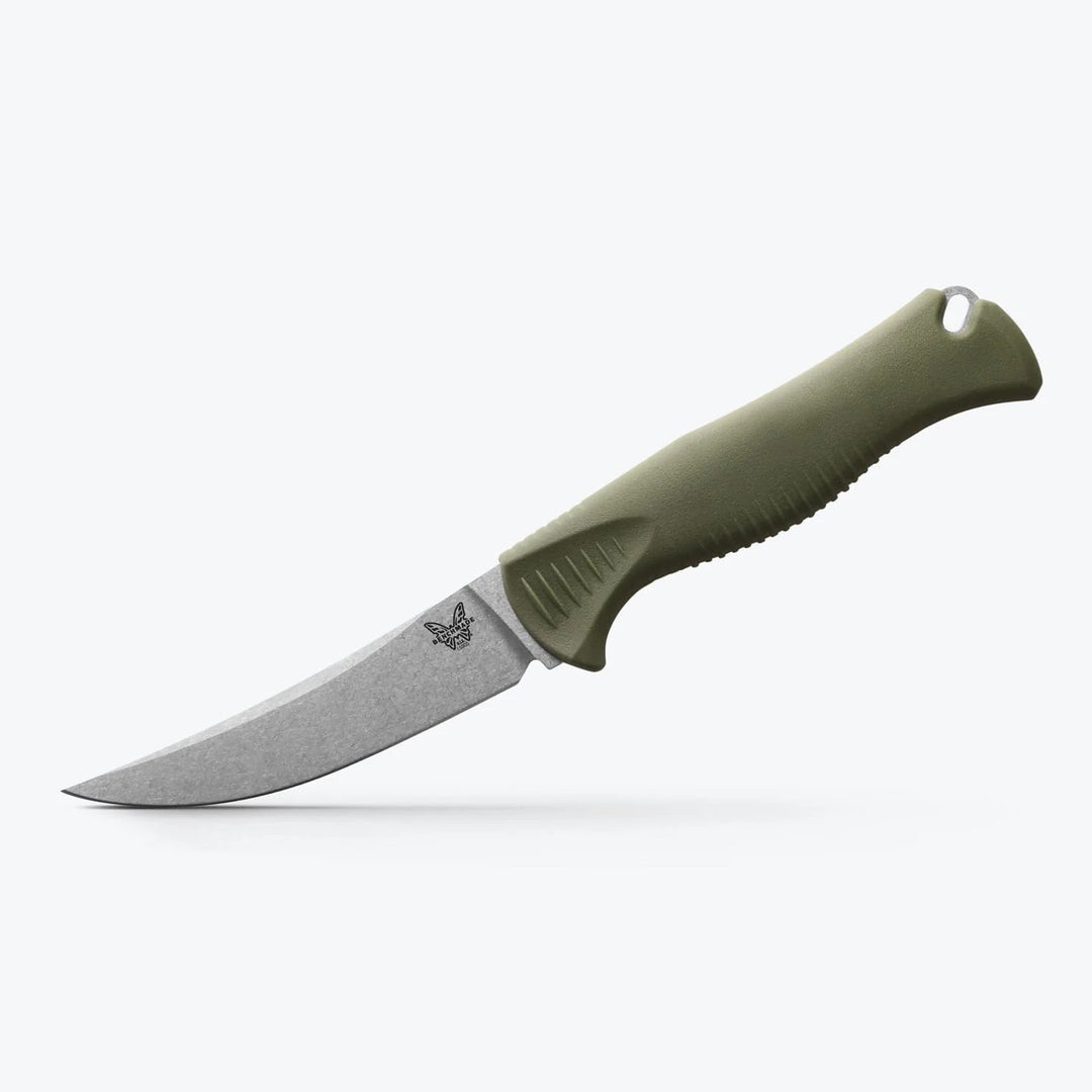 Benchmade 4-inch Meatcrafter fixed-blade knife with a trailing-point stainless steel blade and dark olive Santoprene handle.