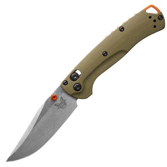 Benchmade Mini Taggedout folding knife with olive green handle, orange accents, and a satin clip-point blade.