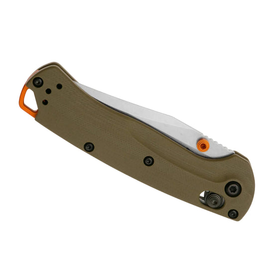 Benchmade Mini Taggedout folding knife in olive drab with an orange thumb stud and lanyard hole spacer.