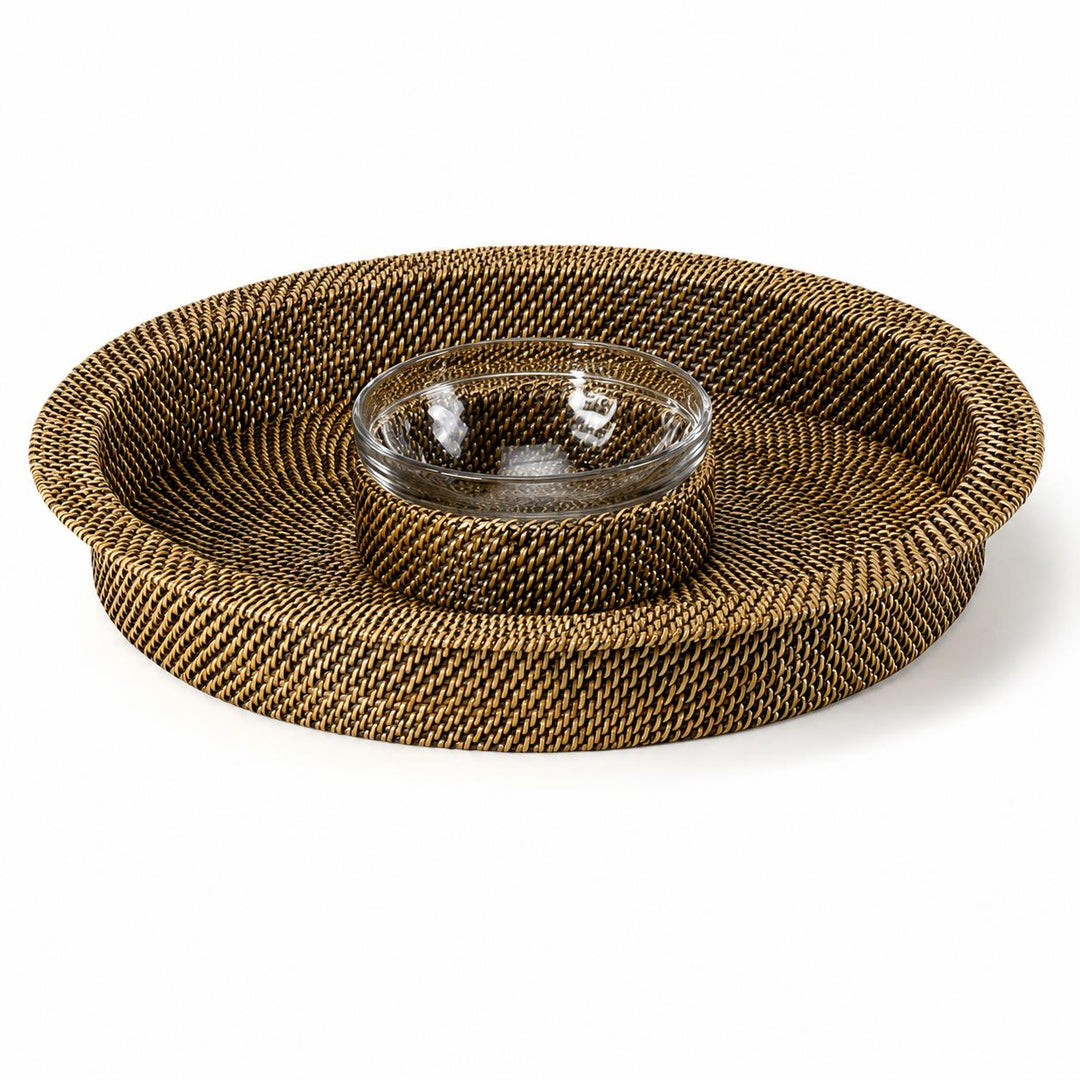 Wicker Round Chip & Dip Tray with Glass Dish-Home/Giftware-Kevin's Fine Outdoor Gear & Apparel