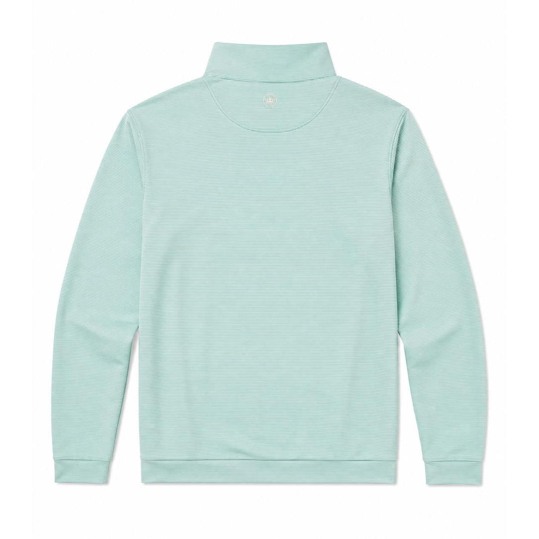 Back view of a light green Peter Millar Perth performance quarter-zip pullover with fine horizontal stripes.