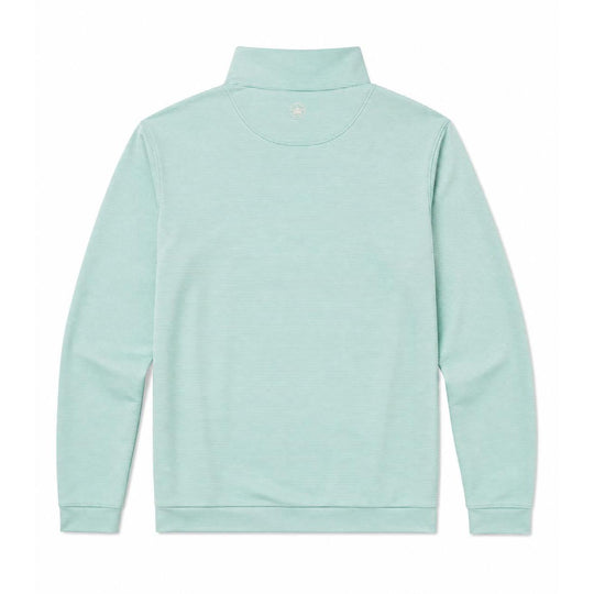 Back view of a light green Peter Millar Perth performance quarter-zip pullover with fine horizontal stripes.