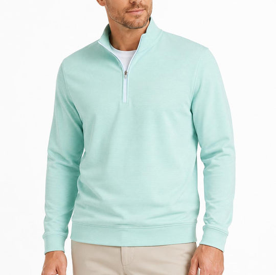 Men’s light green striped performance quarter-zip pullover in soft loop terry fabric with a mock collar.