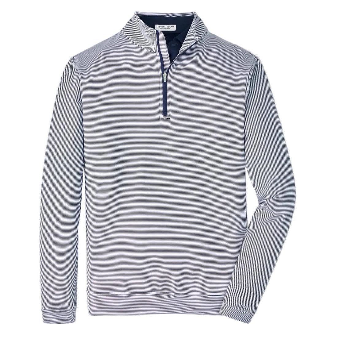 Peter Millar Perth sugar stripe performance quarter-zip in navy and white with a mock collar and banded cuffs.
