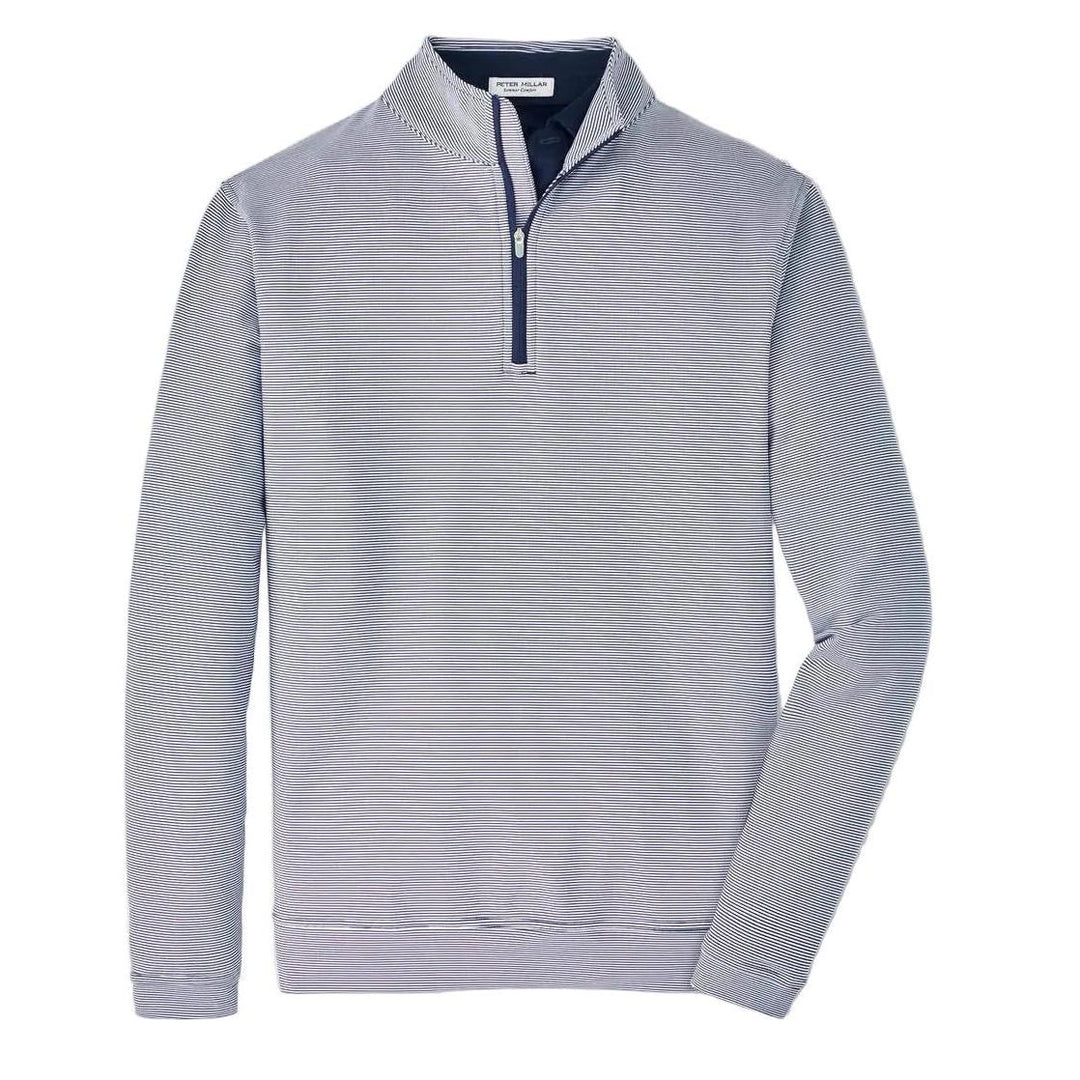 Peter Millar Perth sugar stripe performance quarter-zip in navy and white with a mock collar and banded cuffs.