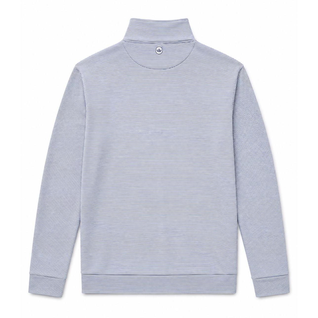 Back view of a blue and white striped Peter Millar Perth performance quarter-zip pullover with a mock collar.