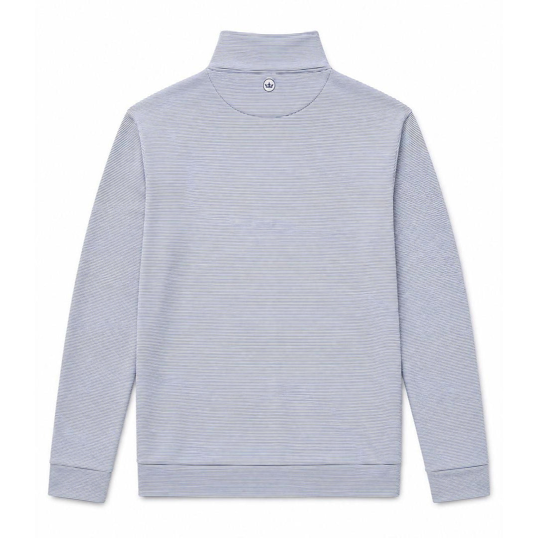 Back view of a blue and white striped Peter Millar Perth performance quarter-zip pullover with a mock collar.