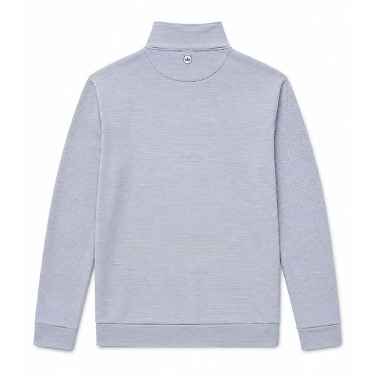 Back view of a blue and white striped Peter Millar Perth performance quarter-zip pullover with a mock collar.