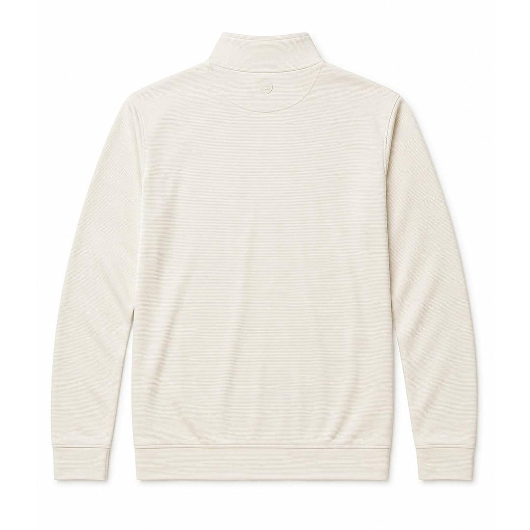 Back view of a cream Peter Millar Perth performance quarter-zip pullover in striped loop terry fabric.