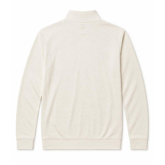 Back view of a cream Peter Millar Perth performance quarter-zip pullover in striped loop terry fabric.
