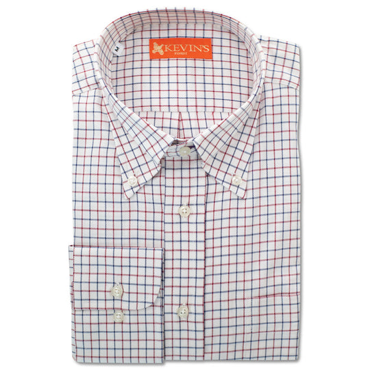 Men's white Egyptian cotton shirt with a red and blue tattersall check pattern, button-down collar, and pearl-like buttons.