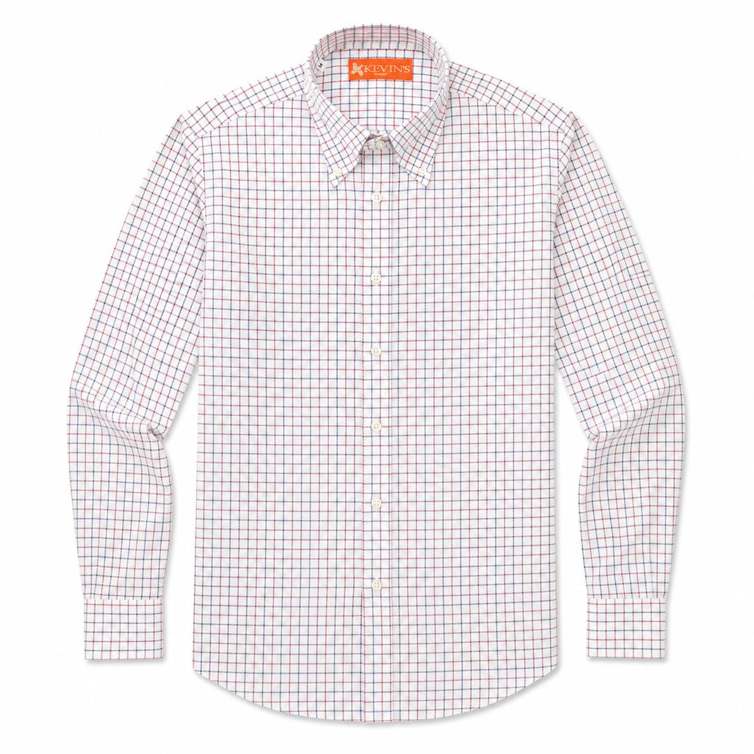 Men's long-sleeve tattersall button-down shirt in white Egyptian cotton with a red and blue check pattern.