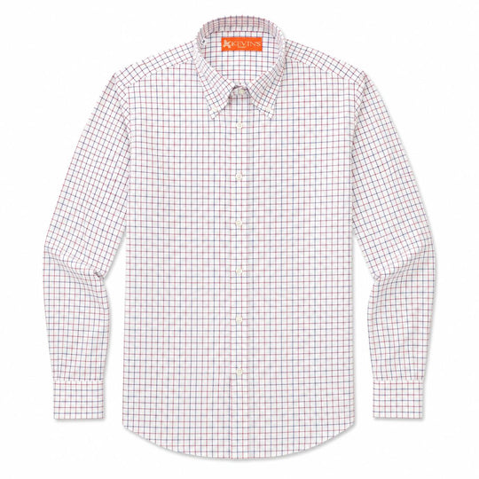 Men's long-sleeve tattersall button-down shirt in white Egyptian cotton with a red and blue check pattern.