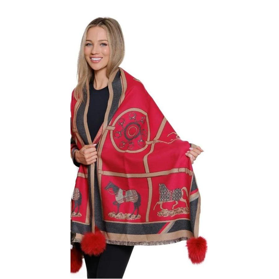 Equestrian Cashmere Wrap with Fox Fur Pom Poms-Women's Accessories-Kevin's Fine Outdoor Gear & Apparel