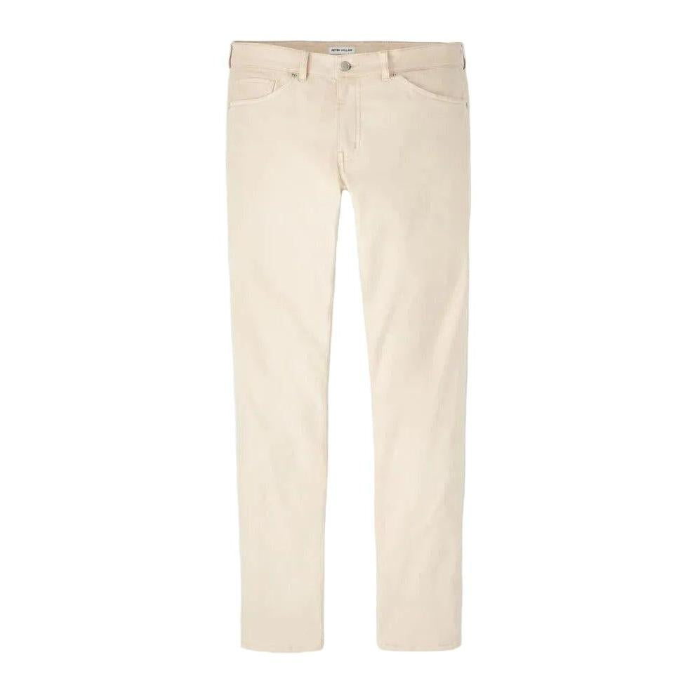 Peter Millar beige sateen five-pocket pants featuring a classic fit, comfort waistband, and soft cotton-blend fabric.
