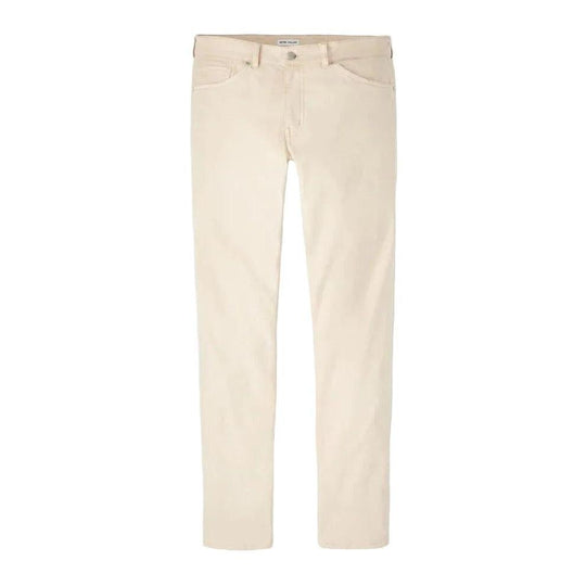 Peter Millar beige sateen five-pocket pants featuring a classic fit, comfort waistband, and soft cotton-blend fabric.