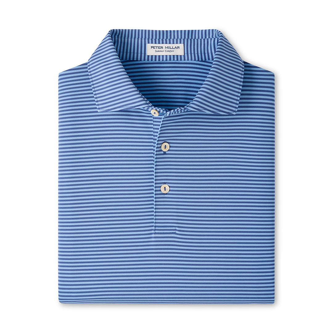 Peter Millar Hales blue striped performance jersey polo with a self-fabric collar and three-button placket.
