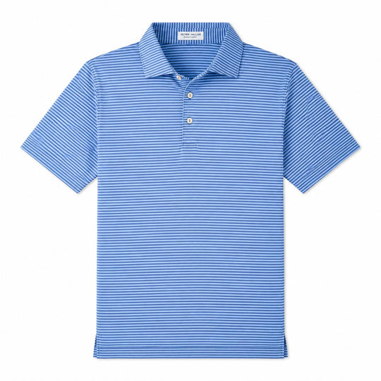 Peter Millar Hales blue striped performance jersey polo with a self-fabric collar and three-button placket.