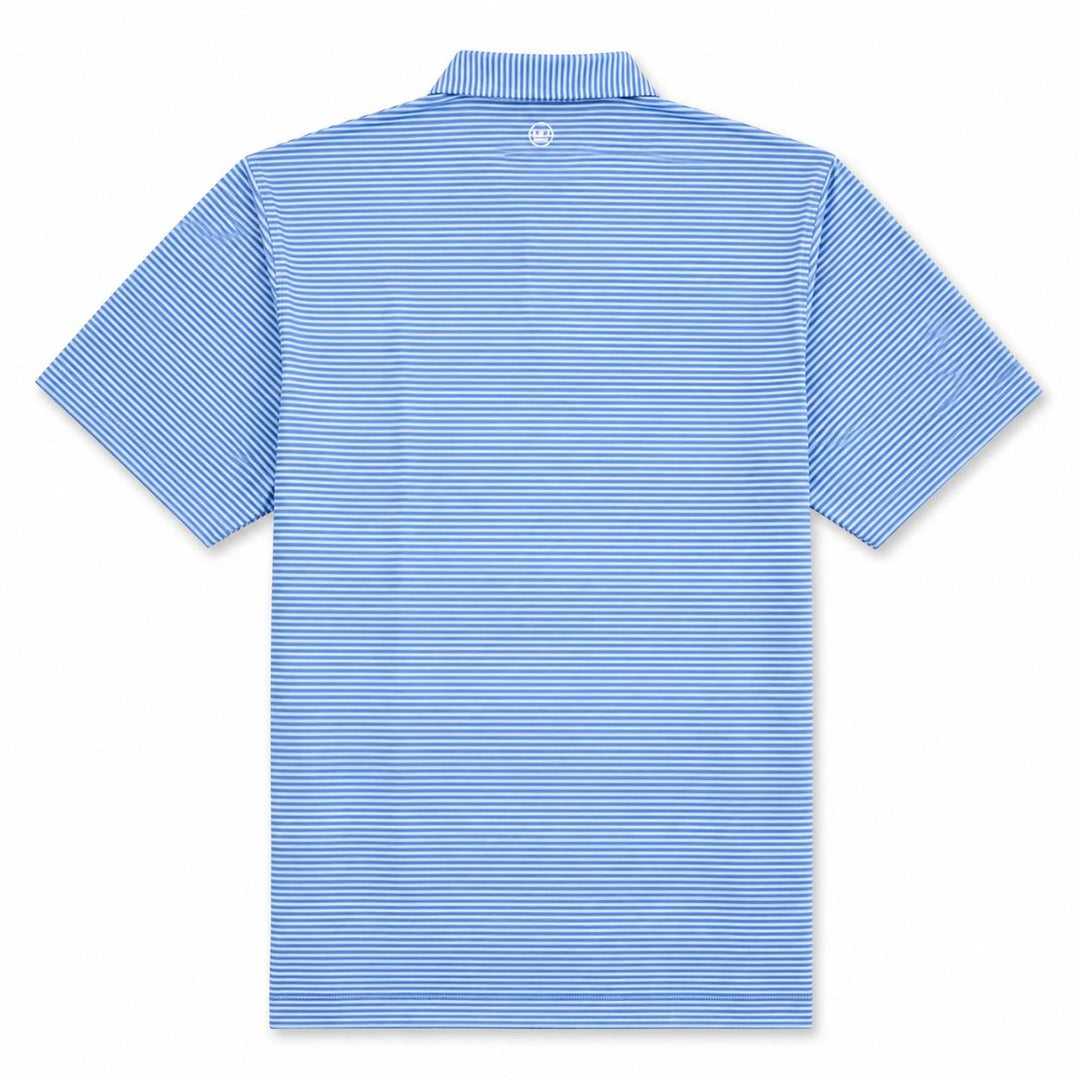 Back view of a blue and white striped Peter Millar Hales performance jersey polo with a self-fabric collar.