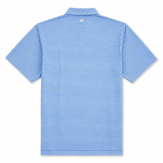 Back view of a blue and white striped Peter Millar Hales performance jersey polo with a self-fabric collar.