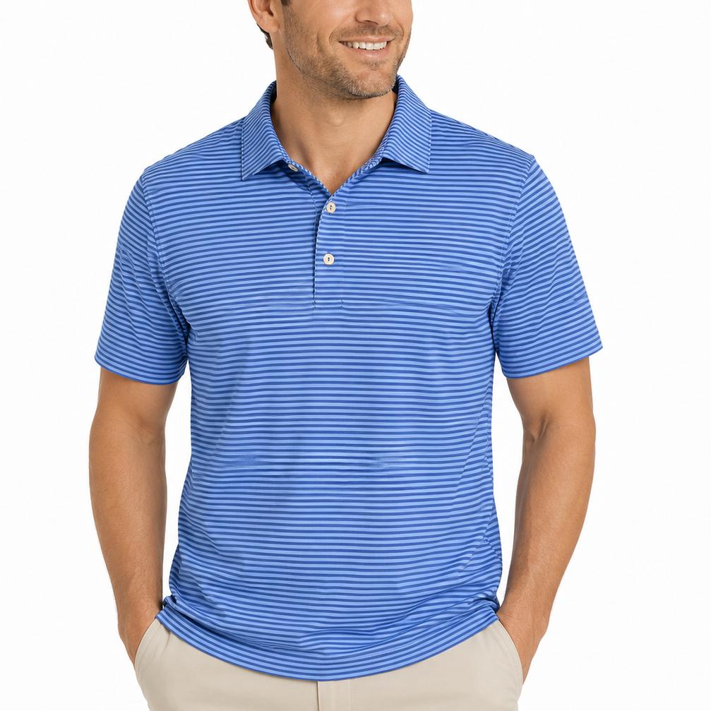 Peter Millar Hales performance jersey polo in blue stripes with a self-fabric collar and three-button placket.