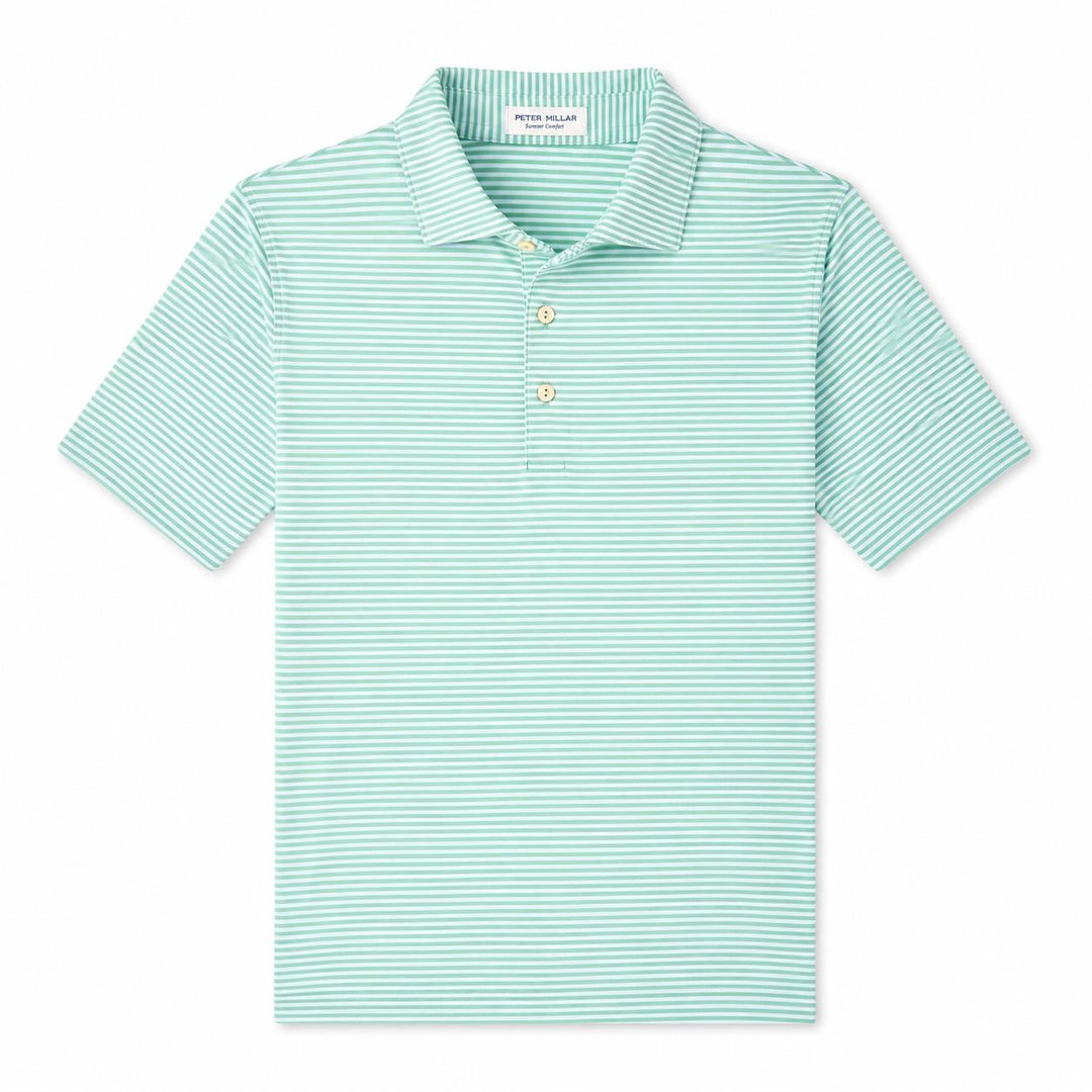 Peter Millar Hales performance jersey polo in mint green and white stripes with a classic collar and three-button placket.