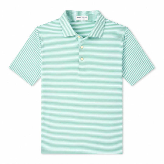 Peter Millar Hales performance jersey polo in mint green and white stripes with a classic collar and three-button placket.