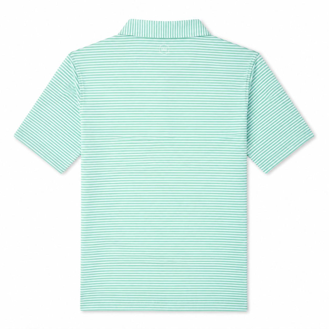 Back view of a Peter Millar Hales performance polo in light green and white stripes with a self-fabric collar.