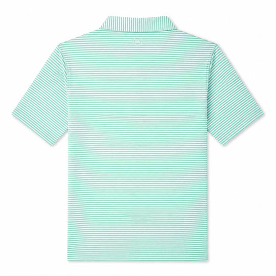 Back view of a Peter Millar Hales performance polo in light green and white stripes with a self-fabric collar.