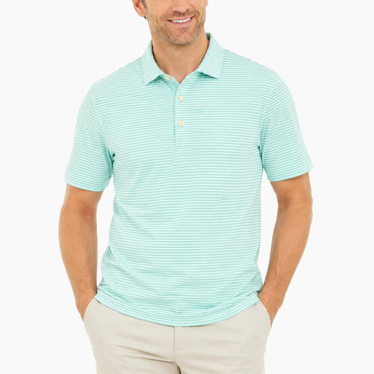 Peter Millar Hales performance jersey polo in mint green and white stripes with a classic collar and three-button placket.