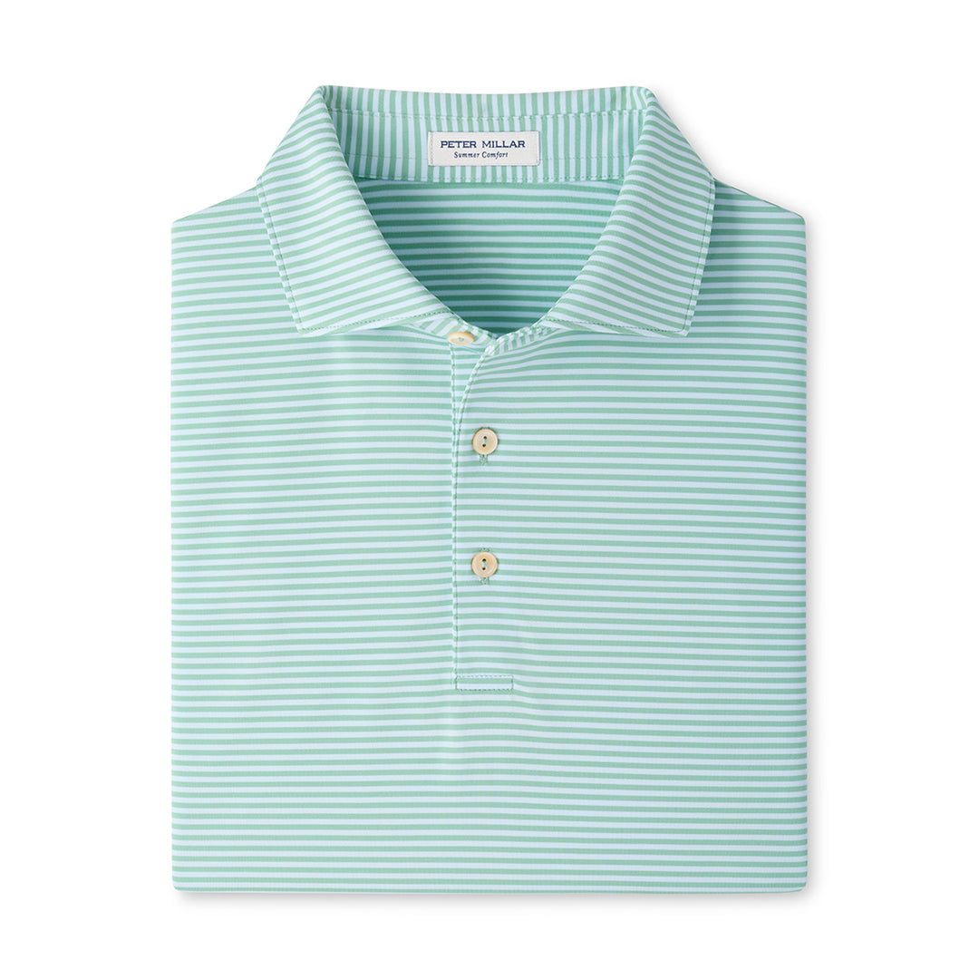Peter Millar Hales performance jersey polo in light green and white stripes with a three-button placket and self-fabric collar.
