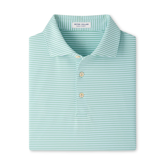 Peter Millar Hales performance jersey polo in light green and white stripes with a three-button placket and self-fabric collar.