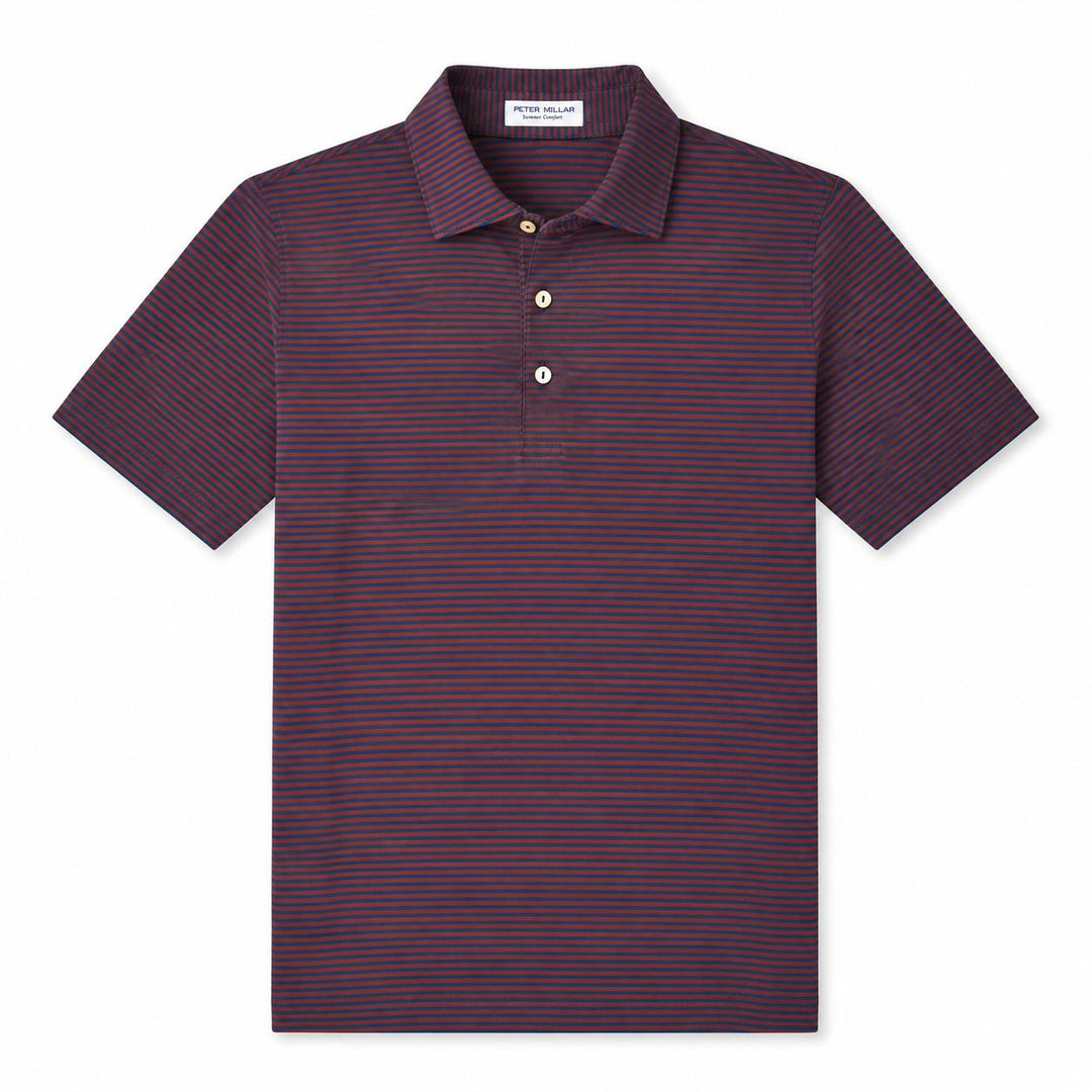 Peter Millar Hales performance polo in burgundy and navy stripes with a self-fabric collar and three-button placket.