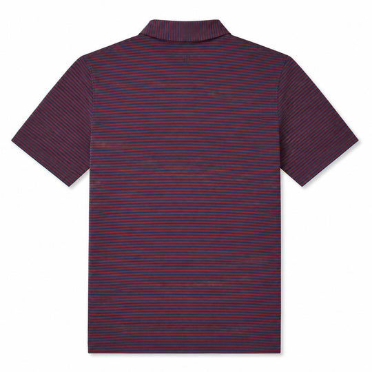 Back view of a Peter Millar Hales performance polo in burgundy and navy blue stripes with a self-fabric collar.