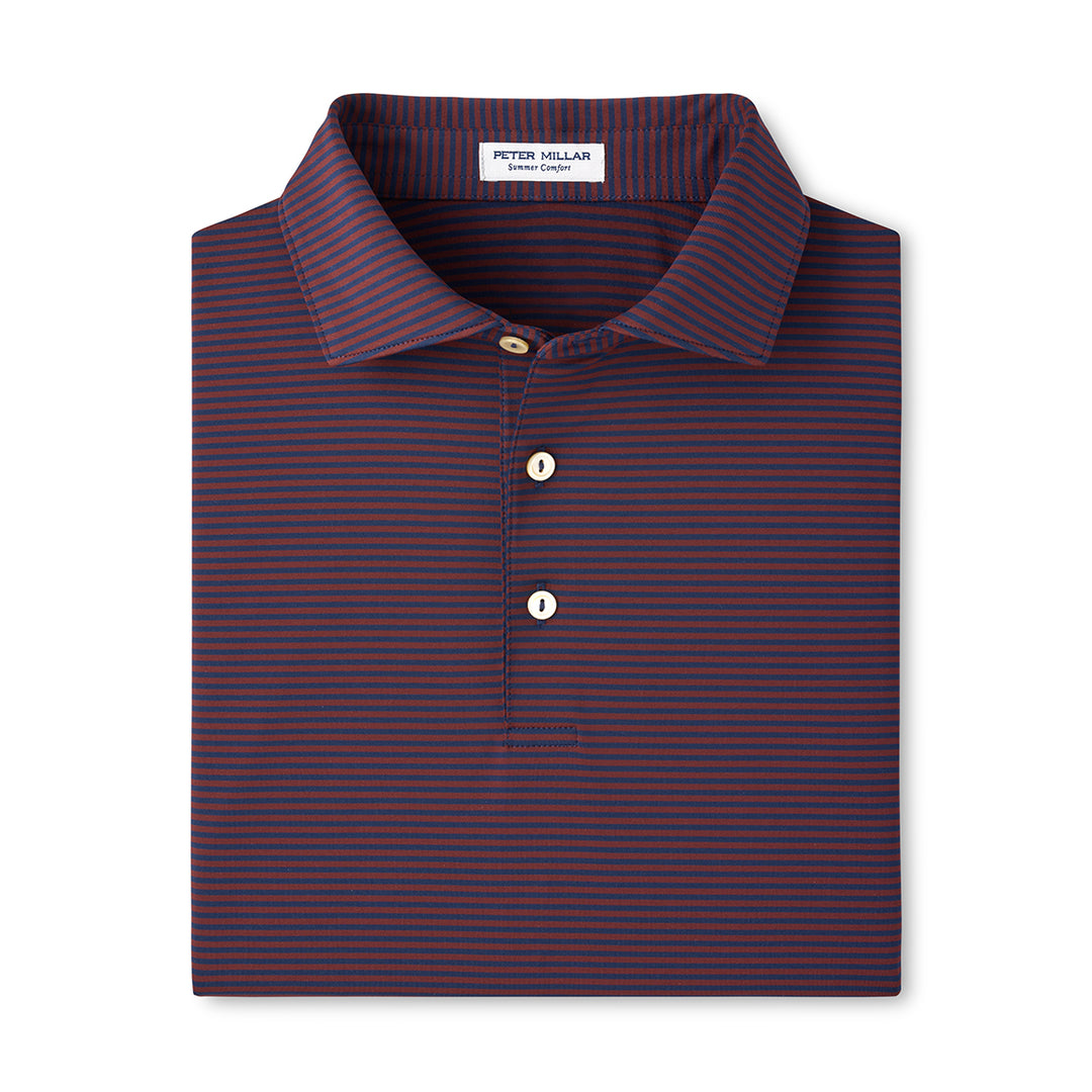 Peter Millar Hales performance polo in navy and red stripes with a self-fabric collar and three-button placket.