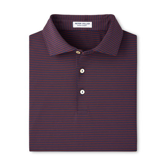 Peter Millar Hales performance polo in navy and red stripes with a self-fabric collar and three-button placket.