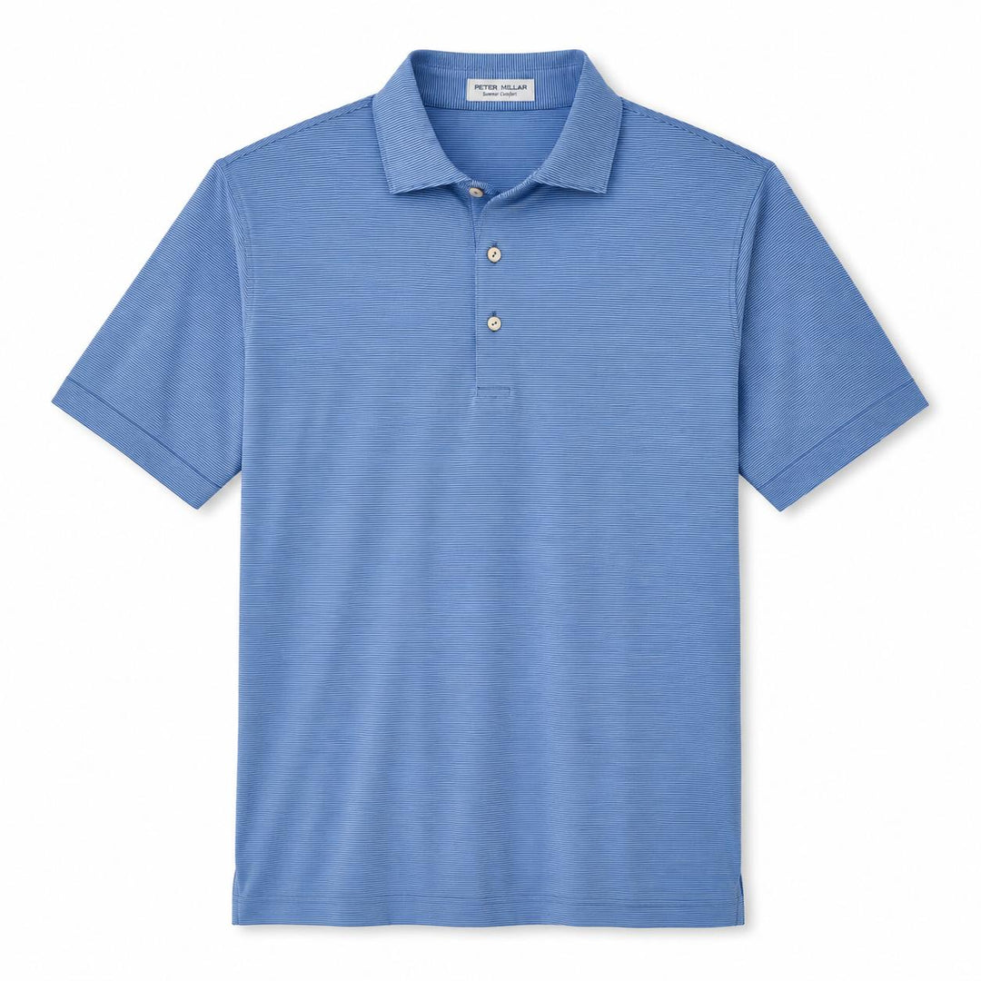 Peter Millar blue performance jersey polo with a fine horizontal stripe pattern, self-fabric collar, and three-button placket.
