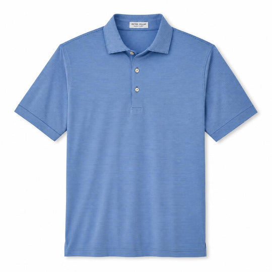 Peter Millar blue performance jersey polo with a fine horizontal stripe pattern, self-fabric collar, and three-button placket.
