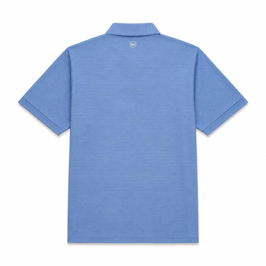 Back view of a blue Peter Millar performance jersey polo with a self-fabric collar and small crown logo at the neck.