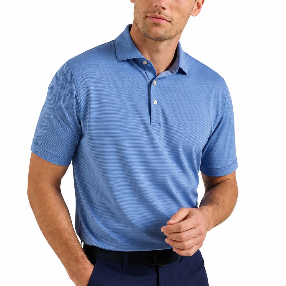 Blue Peter Millar performance jersey polo with a fine horizontal stripe pattern, self-fabric collar, and three-button placket.